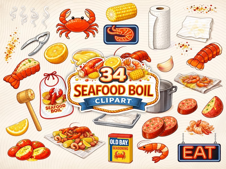 May include: A set of 34 seafood boil clipart images, featuring a red crab, lobster, corn, shrimp, and Old Bay seasoning. Other elements include a mallet, lemon slices, and a sign that says "EAT".