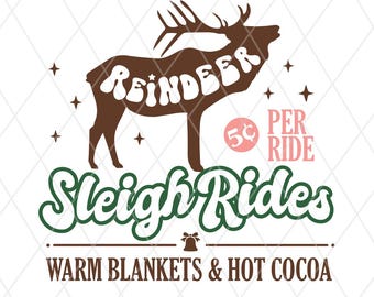 Reindeer Sleigh Rides PNG, Vintage Christmas Holiday Sublimation Design