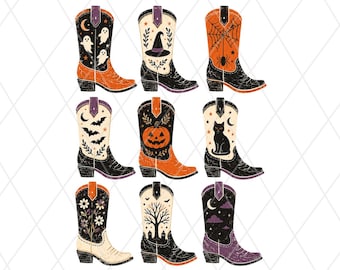 Halloween Western Boots PNG Graphic, Ghost Pumpkin Witch Cowgirl Sublimation Design
