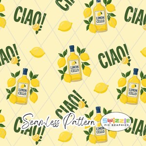 May include: Seamless pattern featuring yellow Limoncello bottles, lemons, and the word "CIAO!" in dark green on a light yellow background. The bottles have blue caps and labels. The pattern includes the text "Seamless Pattern".