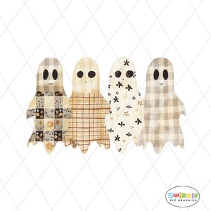 May include: A digital illustration of four ghost figures arranged in a row. Each ghost features a unique pattern including beige plaid, brown grid, black floral, and light tan checkered designs, all with simple black oval eyes and small mouths.