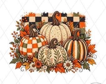 Fall Mixed Pumpkin PNG Graphic, Checkerboard Autumn Halloween Sublimation Design