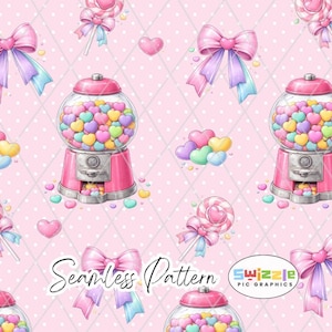 May include: Seamless pattern featuring pink gumball machines filled with heart-shaped candies in various colors. The design includes bows, lollipops, and hearts on a light pink background. The text "Seamless Pattern" is visible.