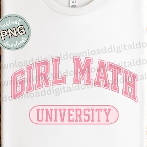 Girl Math University PNG Funny College sublimatieontwerp, roze Varsity Letter digitale download voor T-shirts, mokken of bakken, grafische tieners