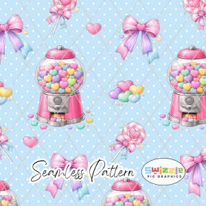 Può includere: Un motivo senza cuciture con distributori di palline rosa pieni di caramelle a forma di cuore. Il design include fiocchi rosa, lecca-lecca e cuori sparsi su uno sfondo azzurro con pois bianchi. Il testo "Seamless Pattern" è visibile.