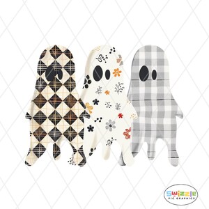 Peut inclure: Trois silhouettes en forme de fantômes disposées côte à côte. Le fantôme de gauche présente un motif à carreaux losanges noir et beige. Le fantôme central est crème avec de petits motifs floraux noirs et orange. Celui de droite a un motif à carreaux gris et blanc.