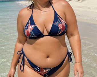 Vintage Americana Curvy Fit Bikini Bikini Set, Patchwork Star Swimwear, Plus Size Women's Tie Side Bikini, Padded Triangle Top, 2XS-6XL