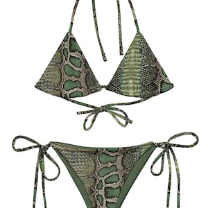 May include: Green and brown snake print bikini top and bottom with adjustable ties.
