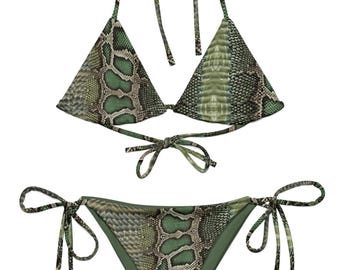 Green Snake Print String Bikini Set, Triangle Bikini Set