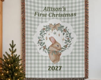Personalized Christmas Bunny Woven Blanket, Whimsical Storybook Woodland Nursery Blanket, Vintage Watercolor Baby Blanket, First Christmas