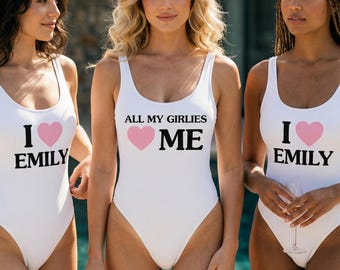 Bride Tribe Swimsuit Set, Custom Bachelorette Matching Outfit, I Love Bride Name swimwear