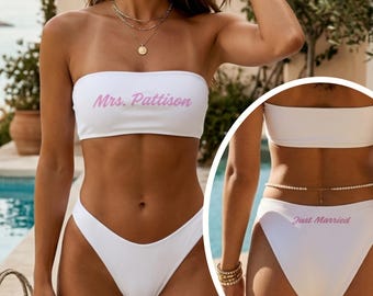 Personalized Mrs. Last Name Just Married Bikini Set, Honeymoon Swimwear
