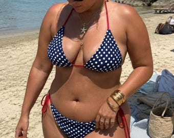 Vintage Polka Dot Bikini Set, Plus Size 2XS-6XL, Retro Pin-Up Swimwear, Navy Red String Two Piece