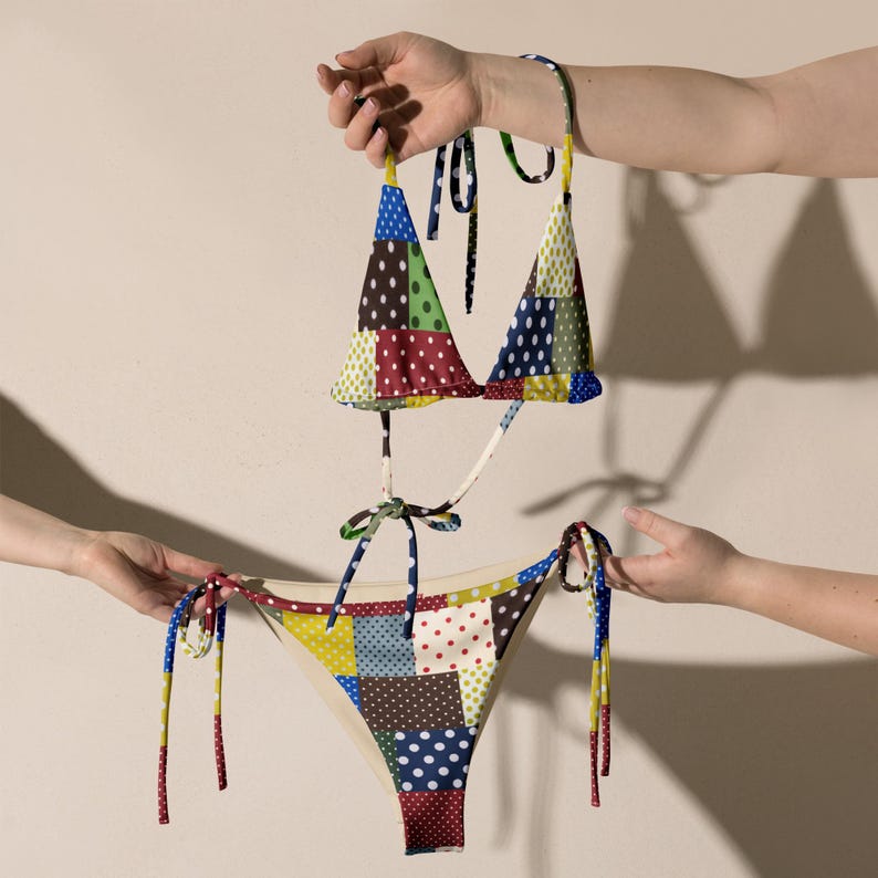 Polka Dot Patchwork String Bikini Set, Retro Vintage Inspired Recycled Bikini, Adjustable Tie Swimwear, Size Inclusive Bikini