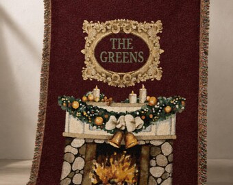 Personalized Family Name Woven Blanket, Custom Christmas Fireplace Tapestry Throw, Housewarming Keepsake Gift, Family Christmas Present