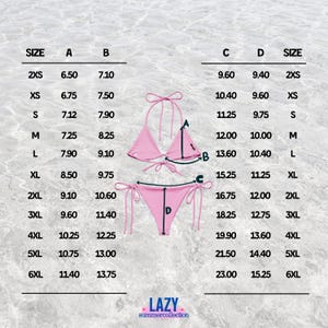 K&ouml;nnte beinhalten: Ein pinkfarbenes Bikini-Set mit den Ma&szlig;en A, B, C und D. Die Gr&ouml;&szlig;entabelle enth&auml;lt Ma&szlig;e in Zoll f&uuml;r die Gr&ouml;&szlig;en 2XS bis 6XL. Der Markenname "LAZY summercollection" steht unten.