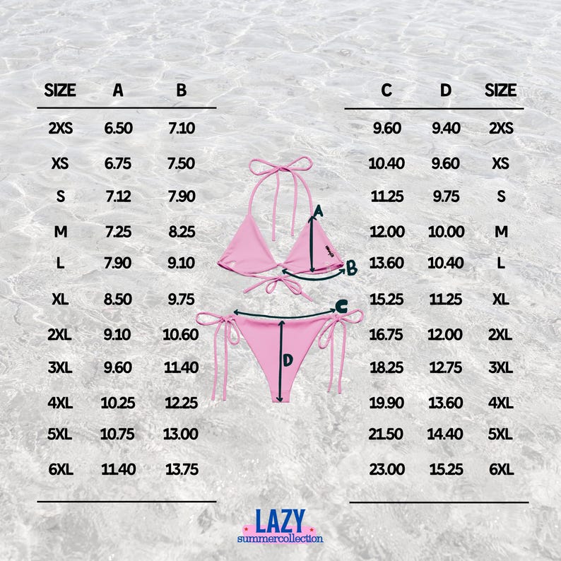 K&ouml;nnte beinhalten: Ein pinkfarbenes Bikini-Set mit den Ma&szlig;en A, B, C und D. Die Gr&ouml;&szlig;entabelle enth&auml;lt Ma&szlig;e in Zoll f&uuml;r die Gr&ouml;&szlig;en 2XS bis 6XL. Der Markenname "LAZY summercollection" steht unten.