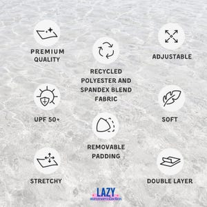 K&ouml;nnte beinhalten: Bild mit Produkteigenschaften: Premium-Qualit&auml;t, verstellbar, UPF 50+, weich, dehnbar, doppellagig und herausnehmbare Polsterung. Der Stoff ist eine Mischung aus recyceltem Polyester und Elasthan. Der Markenname "LAZY summercollection" steht unten.