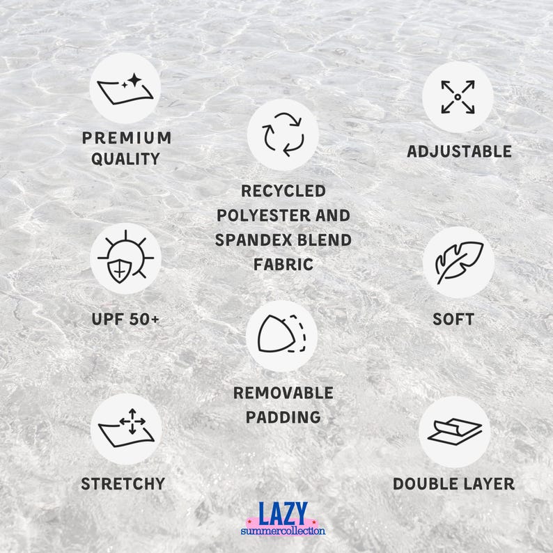 K&ouml;nnte beinhalten: Bild mit Produkteigenschaften: Premium-Qualit&auml;t, verstellbar, UPF 50+, weich, dehnbar, doppellagig und herausnehmbare Polsterung. Der Stoff ist eine Mischung aus recyceltem Polyester und Elasthan. Der Markenname "LAZY summercollection" steht unten.