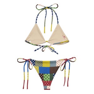 Polka Dot Patchwork String Bikini Set, Retro Vintage Inspired Recycled Bikini, Adjustable Tie Swimwear, Size Inclusive Bikini