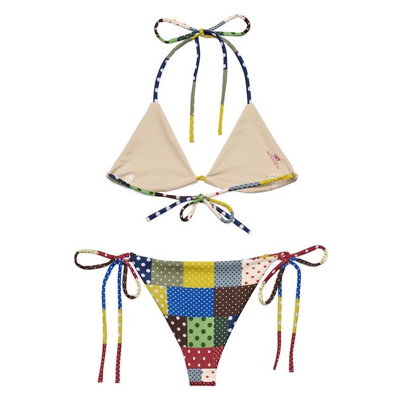 Polka Dot Patchwork String Bikini Set, Retro Vintage Inspired Recycled Bikini, Adjustable Tie Swimwear, Size Inclusive Bikini