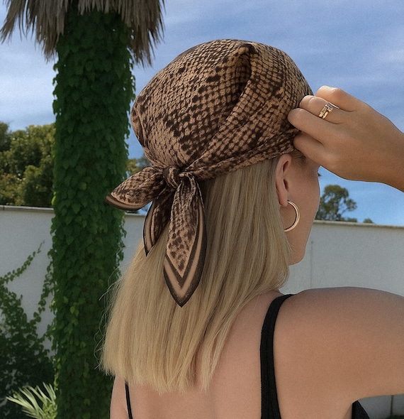 Beige Snake Print Head Scarf Bandana – Boho Hair Accessory, Beach
