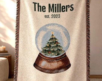 Personalized Family Christmas Woven Blanket, Custom Snow Globe Christmas Tree Tapestry, Family Name Blanket