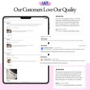 May include: A digital tablet displays customer reviews for "Lazy Co. Merch" products. The reviews highlight product quality and customer service. The tablet is set against a white background with the company logo at the top.