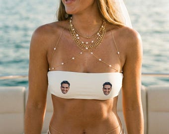 Custom Husband Face Bandeau Bikini Top, Bachelorette Party Swimwear, Personalized Bride Bach Outfit