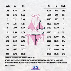 K&ouml;nnte beinhalten: Gr&ouml;&szlig;entabelle f&uuml;r pinkfarbene Bikinis mit Ma&szlig;en in Zoll. Die Tabelle enth&auml;lt Gr&ouml;&szlig;en von 2XS bis 6XL, mit Ma&szlig;en f&uuml;r Ober- und Unterteil. Der Text "LAZY summercollection" steht unten.