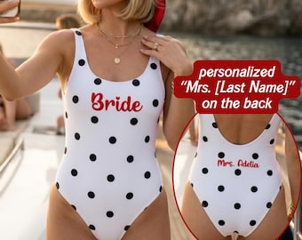 Traje de baño de novia personalizado con lunares, apellido personalizado, traje de baño de una pieza para despedida de soltera en la piscina.