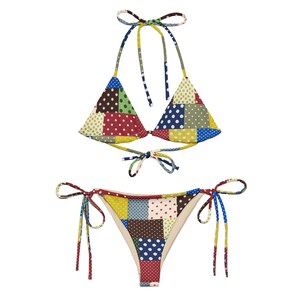 Polka Dot Patchwork String Bikini Set, Retro Vintage Inspired Recycled Bikini, Adjustable Tie Swimwear, Size Inclusive Bikini