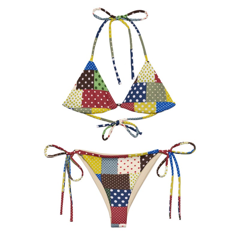 Polka Dot Patchwork String Bikini Set, Retro Vintage Inspired Recycled Bikini, Adjustable Tie Swimwear, Size Inclusive Bikini
