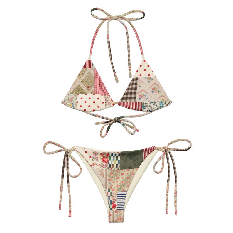 Patchwork Retro Floral String Bikini Set, Vintage Inspired Patchwork Bikini, Adjustable Tie Bikini Top and Bottom, Size Inclusive Swimwear