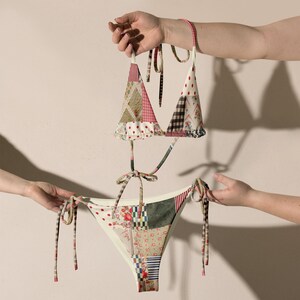 Patchwork Retro Floral String Bikini Set, Vintage Inspired Patchwork Bikini, Adjustable Tie Bikini Top and Bottom, Size Inclusive Swimwear