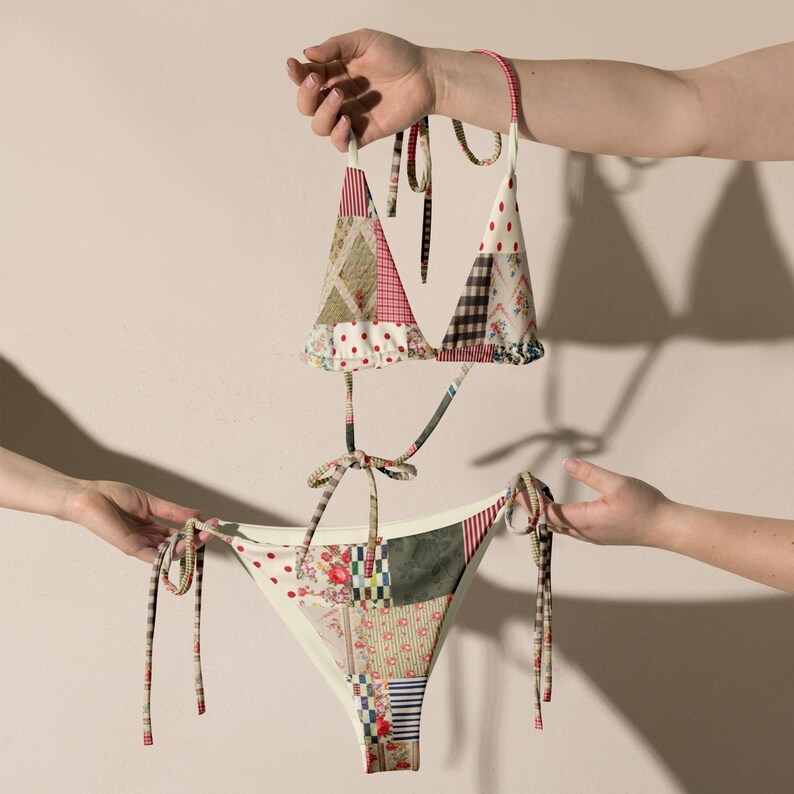 Patchwork Retro Floral String Bikini Set, Vintage Inspired Patchwork Bikini, Adjustable Tie Bikini Top and Bottom, Size Inclusive Swimwear