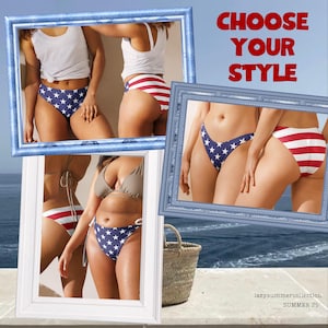 May include: A collage of images showcasing swimwear. The swimwear includes bikini bottoms with a blue star pattern and red and white stripes. The text "CHOOSE YOUR STYLE" is displayed in red. The background features a beach scene.