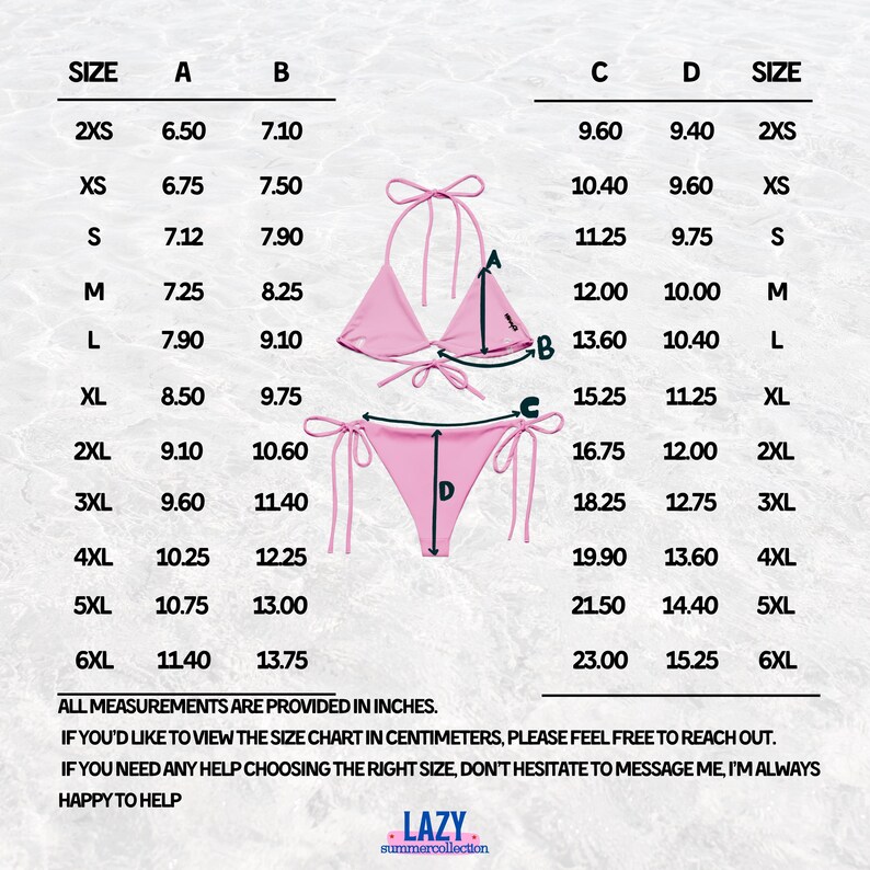 K&ouml;nnte beinhalten: Gr&ouml;&szlig;entabelle f&uuml;r pinkfarbene Bikinis mit Ma&szlig;en in Zoll. Die Tabelle enth&auml;lt Gr&ouml;&szlig;en von 2XS bis 6XL mit Ma&szlig;en f&uuml;r Ober- und Unterteil. Der Text unten lautet "Lazy Summer Collection".