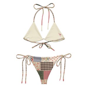 Patchwork Retro Floral String Bikini Set, Vintage Inspired Patchwork Bikini, Adjustable Tie Bikini Top and Bottom, Size Inclusive Swimwear