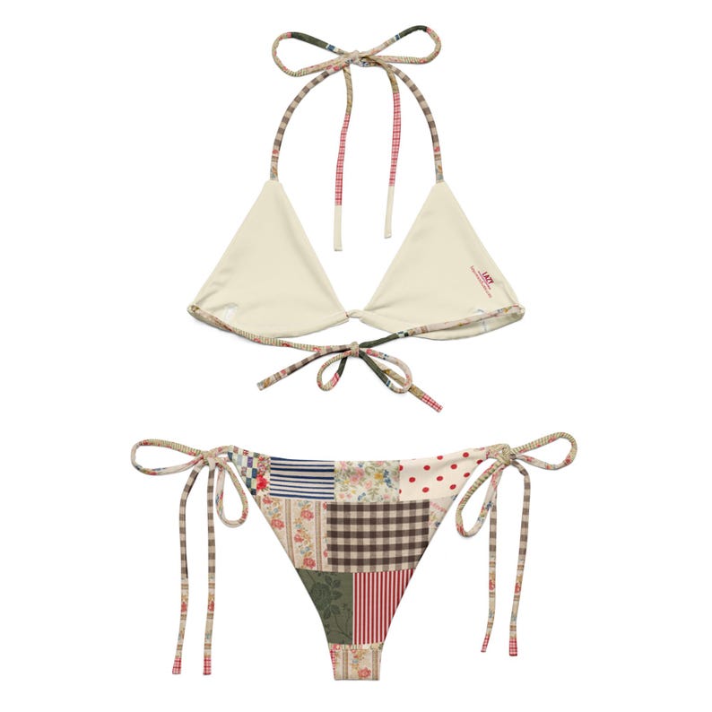 Patchwork Retro Floral String Bikini Set, Vintage Inspired Patchwork Bikini, Adjustable Tie Bikini Top and Bottom, Size Inclusive Swimwear