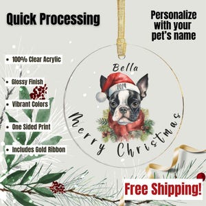 Boston Terrier Acrylic Ornament, Custom Pet Name, Christmas Personalized Dog Ornament, Furry Family Member Decor