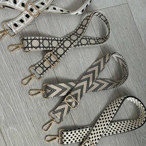 Cream and black Patterned Crossbody Bag Strap, Gold  Hardware, 140cms long