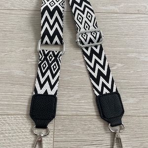 Black patterned crossbody bag strap shoulder strap adjustable bag strap replacement bag strap silver hardware gift for her gift for under 10