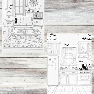 May include: Two black and white Halloween-themed coloring pages. One depicts a living room with a sofa, TV, and a black cat. The other shows a kitchen with a refrigerator, stove, and pumpkins. Bats and spiderwebs are also present.