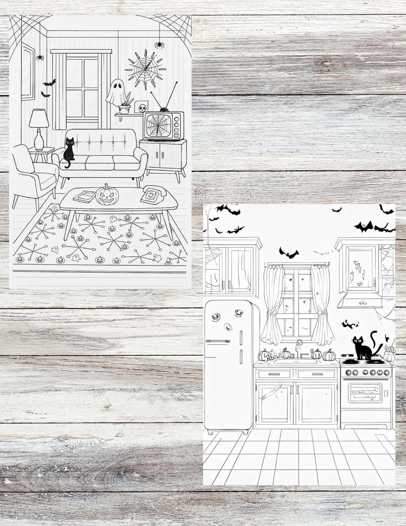 May include: Two black and white Halloween-themed coloring pages. One depicts a living room with a sofa, TV, and a black cat. The other shows a kitchen with a refrigerator, stove, and pumpkins. Bats and spiderwebs are also present.