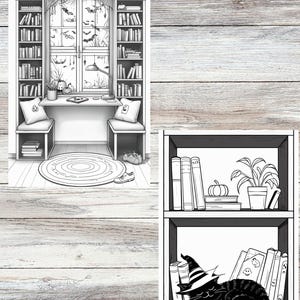 May include: Black and white illustration of a Halloween-themed room with bookshelves, a desk, and a window with bats. A sleeping cat wearing a witch hat is in a separate inset. The image is a coloring page.