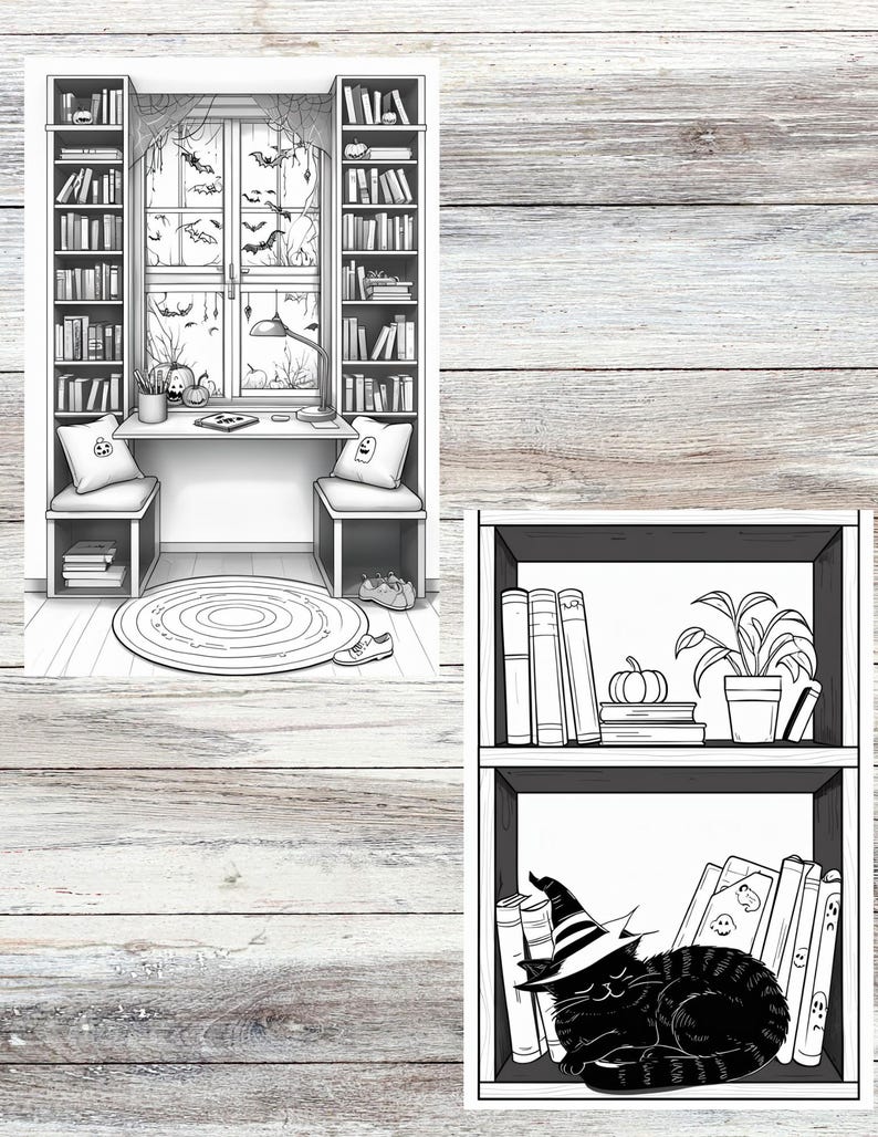 May include: Black and white illustration of a Halloween-themed room with bookshelves, a desk, and a window with bats. A sleeping cat wearing a witch hat is in a separate inset. The image is a coloring page.