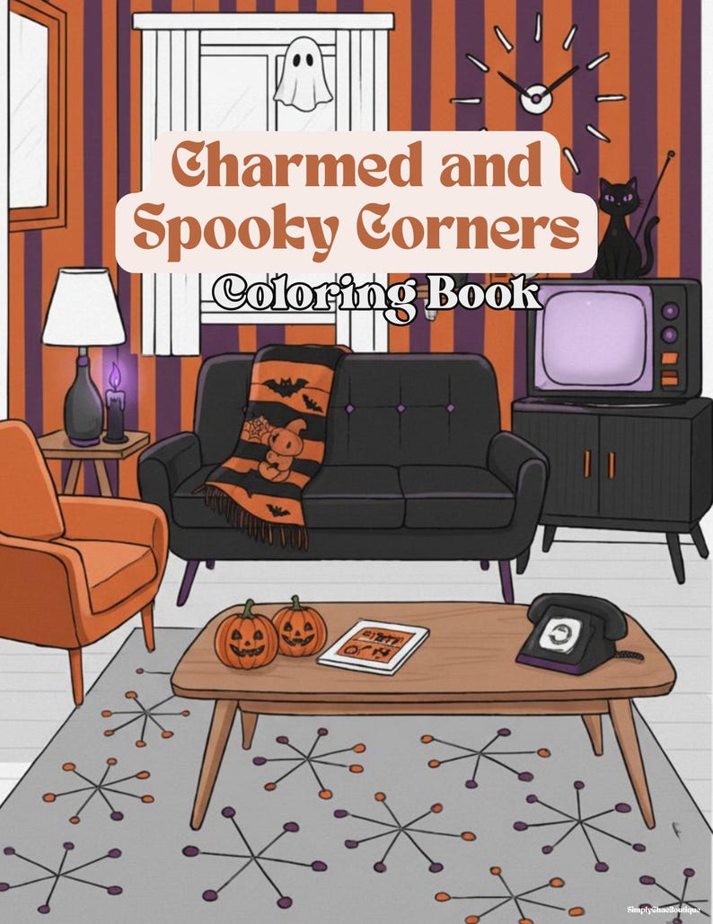 May include: An illustration of a living room scene with Halloween decor. The image features a black sofa, orange armchair, and a coffee table with pumpkins. The text "Charmed and Spooky Corners Coloring Book" is displayed.