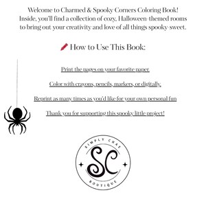May include: A white coloring book cover with black bats and a spider illustration. Text reads "Charmed & Spooky Corners Coloring Book!" and instructions on how to use the book. The Simply Chae Boutique logo is also visible.