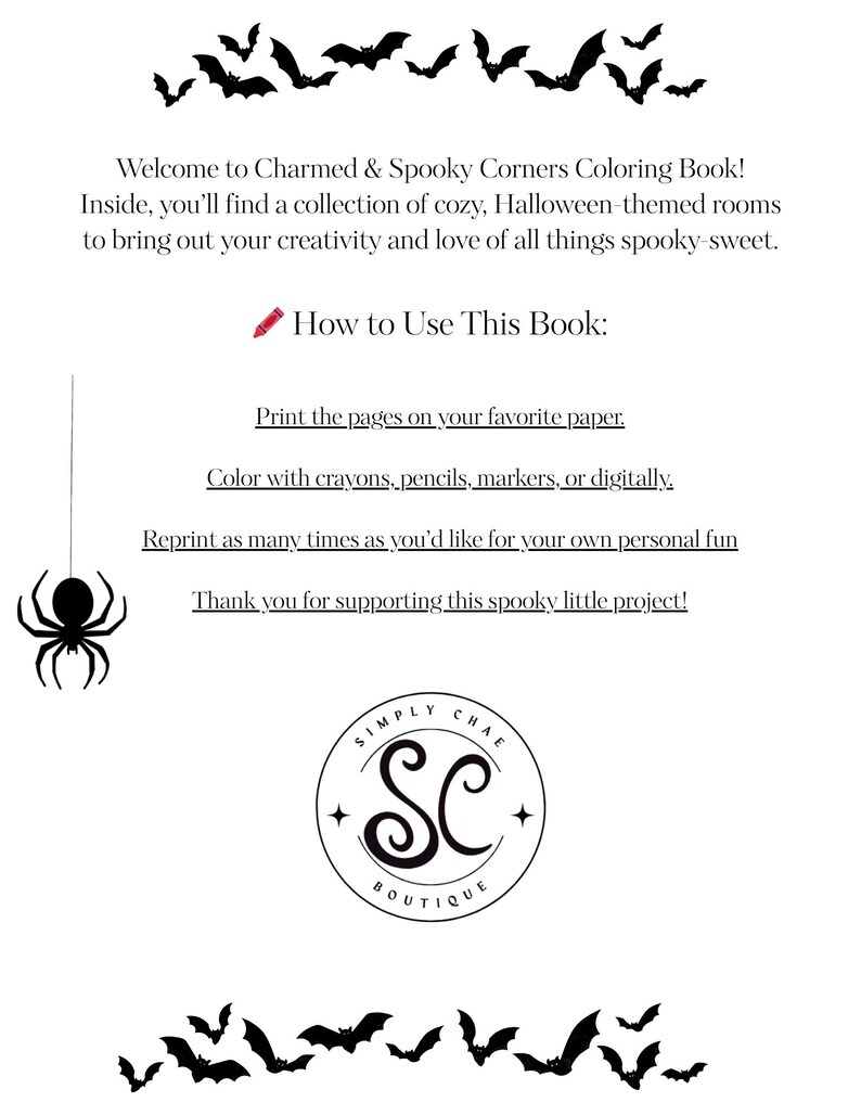 May include: A white coloring book cover with black bats and a spider illustration. Text reads "Charmed & Spooky Corners Coloring Book!" and instructions on how to use the book. The Simply Chae Boutique logo is also visible.